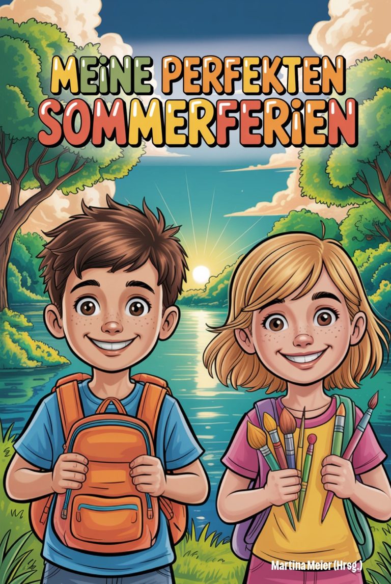 Zwei Kinder stehen lächelnd vor einem See, mit einem Glas voller Wörter in der Nähe.