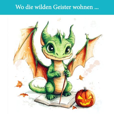 Ein niedlicher, grüner Drache sitzt auf einem Buch neben einem Kürbis.