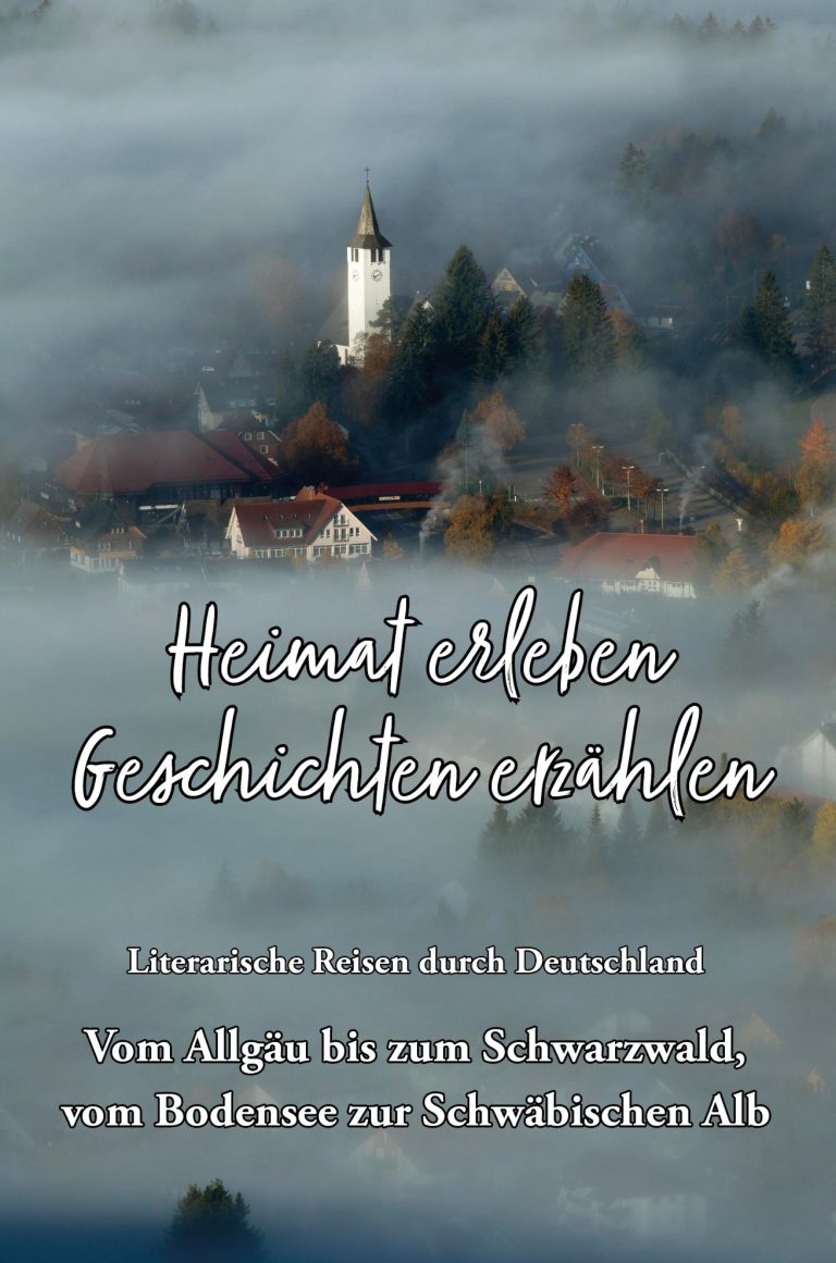 Ein Frau sitzt an einem Tisch mit Büchern und Glücksmomenten, umgeben von bunten Deko-Elementen.