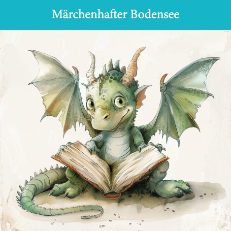 Ein kleiner Drache mit grünen Schuppen liest ein Buch.