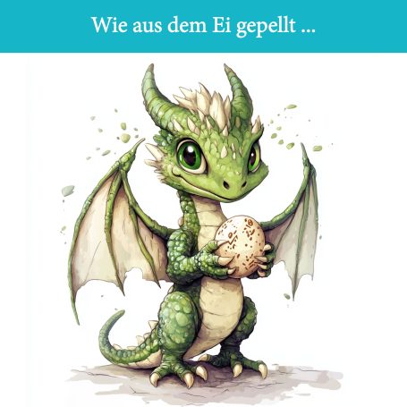 Junger Drache mit grünen Schuppen und Eiern in den Händen, strahlend und neugierig.