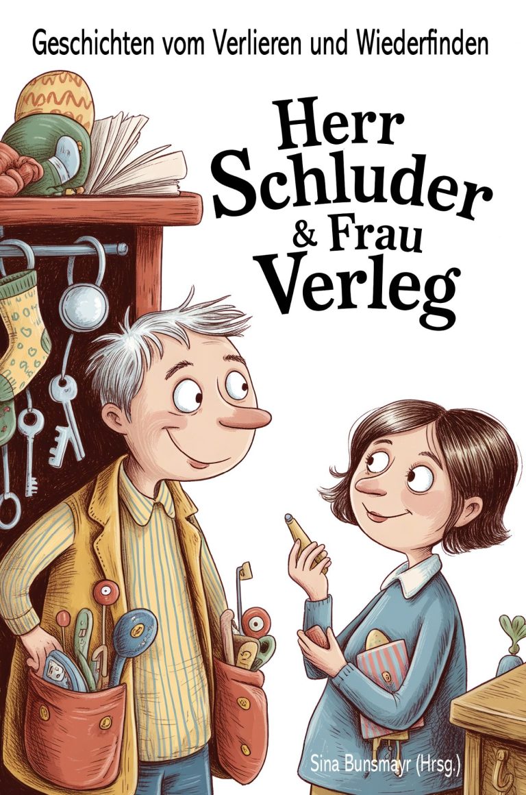Bunter, felliges Monster mit großen Augen steht vor einem Container voller Müll.