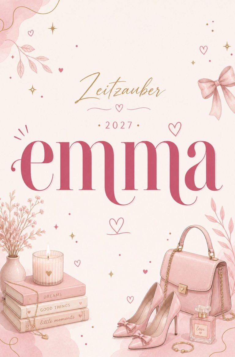 Cover Ein Frau sitzt an einem Tisch mit Büchern und Glücksmomenten, umgeben von bunten Deko-Elementen.