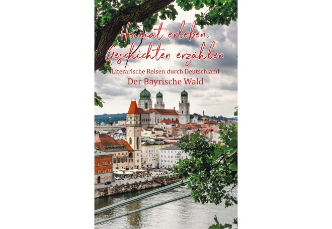 Ansicht auf eine Stadt mit historischen Gebäuden, Fluss und Bäumen im Vordergrund.