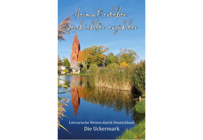 Buchumschlag mit einem Wasserlauf, Bäumen und einer historischen Kirche im Hintergrund.