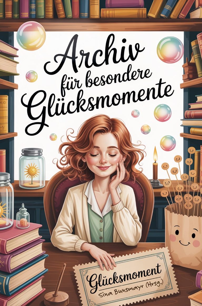 Ein Frau sitzt an einem Tisch mit Büchern und Glücksmomenten, umgeben von bunten Deko-Elementen.