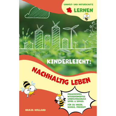 Buchumschlag über nachhaltiges Leben mit Bienen und skizzierten Gebäuden.