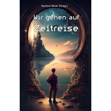 Junger Mann steht vor einem Portal, das zu einer fantastischen Zeitreise führt.