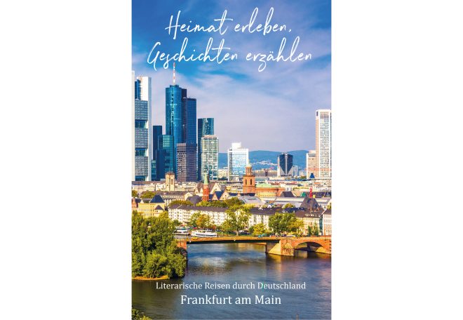 Skyline von Frankfurt am Main mit modernen Gebäuden und einer Brücke über den Fluss.