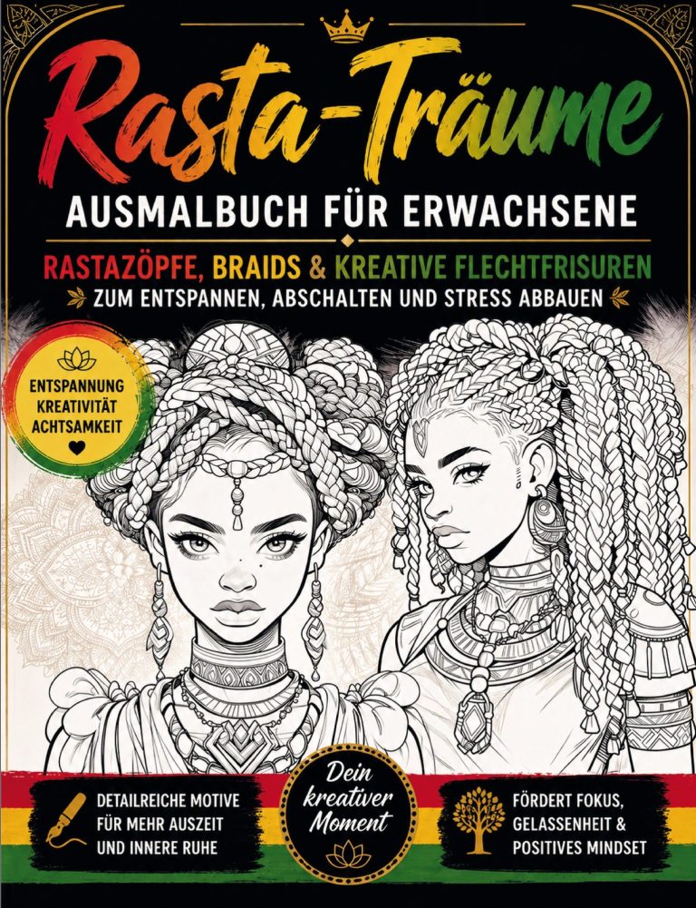 Ein Frau sitzt an einem Tisch mit Büchern und Glücksmomenten, umgeben von bunten Deko-Elementen.