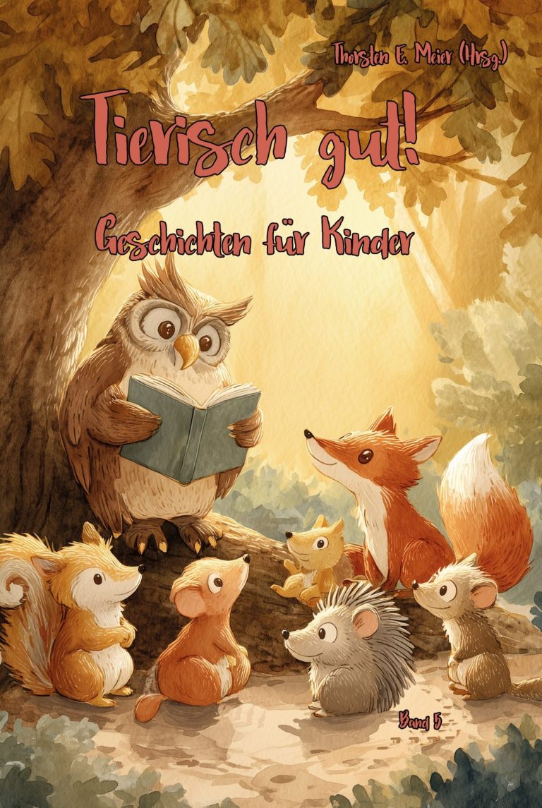 Eine Eule liest einem Fuchs und weiteren Tieren unter einem Baum vor.