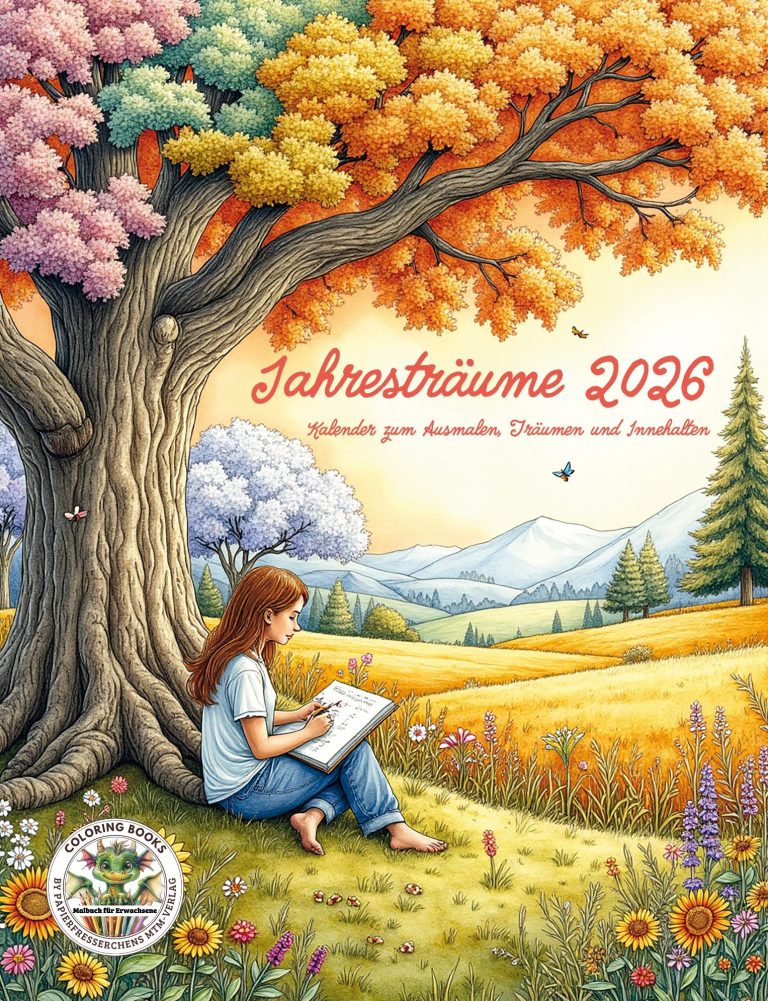 Ein Frau sitzt an einem Tisch mit Büchern und Glücksmomenten, umgeben von bunten Deko-Elementen.