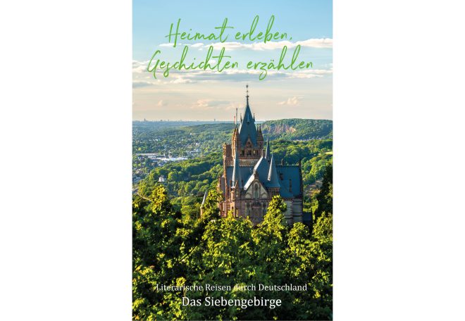 Buchcover mit einer Aussicht auf ein Schloss, umgeben von grünen Hügeln und blauem Himmel.