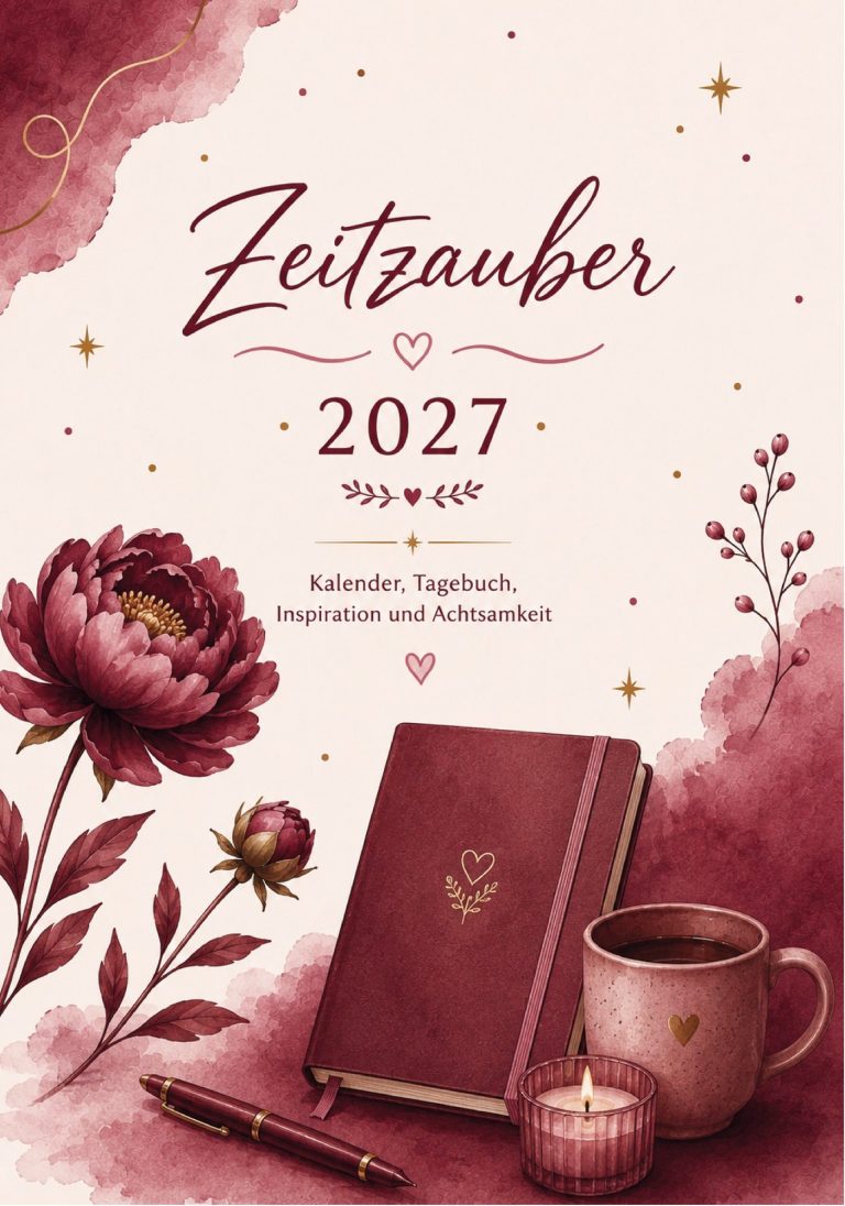 Cover Ein Frau sitzt an einem Tisch mit Büchern und Glücksmomenten, umgeben von bunten Deko-Elementen.