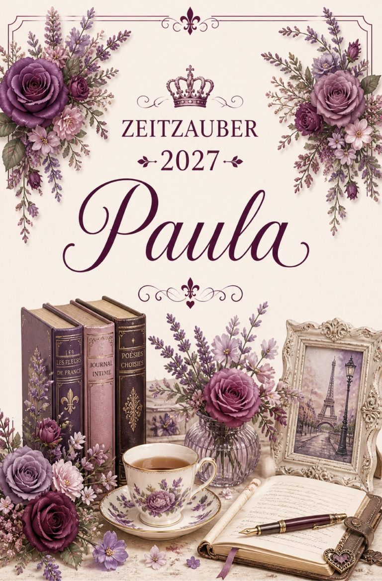 Ein Frau sitzt an einem Tisch mit Büchern und Glücksmomenten, umgeben von bunten Deko-Elementen.