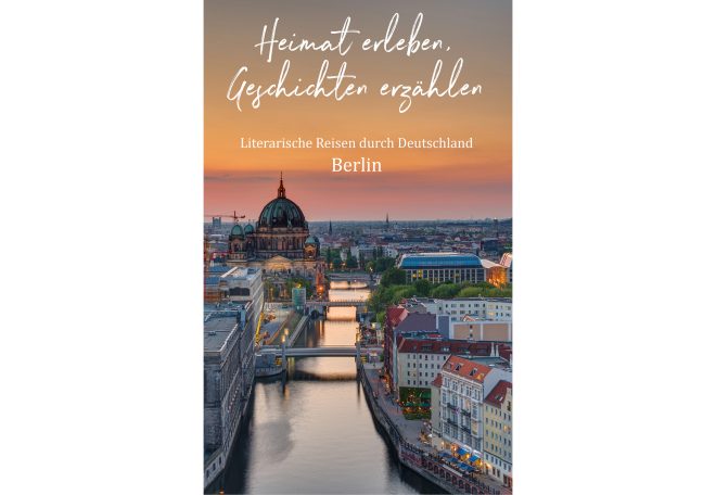 Blick auf Berlin mit Fluss und historischem Gebäude bei Sonnenuntergang.