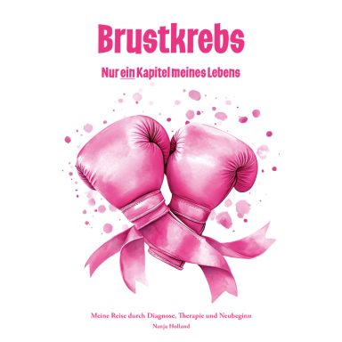 Zwei pinkfarbene Boxhandschuhe, umgeben von dem Titel "Brustkrebs - Nur mit Kämpfen lebt man".