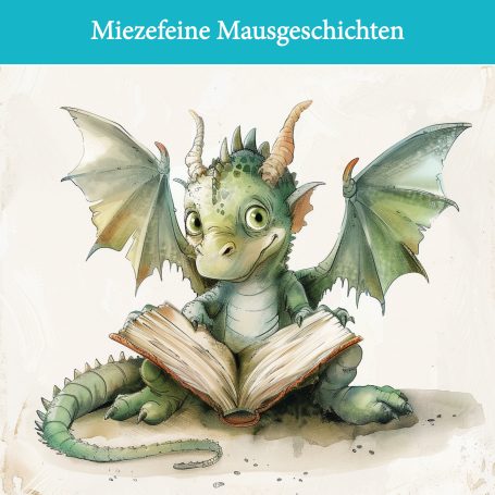 Ein niedlicher Drache liest ein Buch mit einer blauen Umrandung.