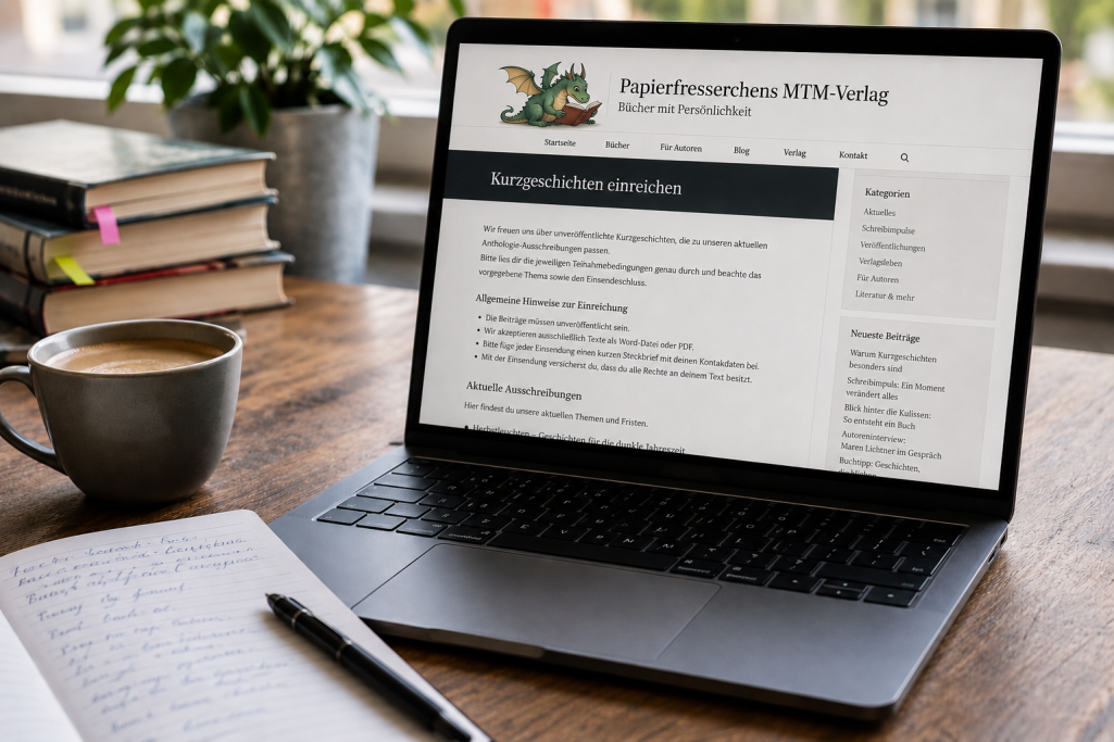 Kurzgeschichte beim Verlag einreichen Laptop mit Anschreiben auf dem Bildschirm