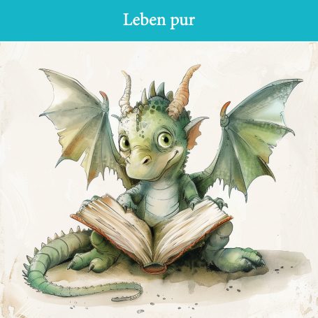 Ein kleiner Drache mit grüner Haut sitzt und liest ein aufgeschlagenes Buch.