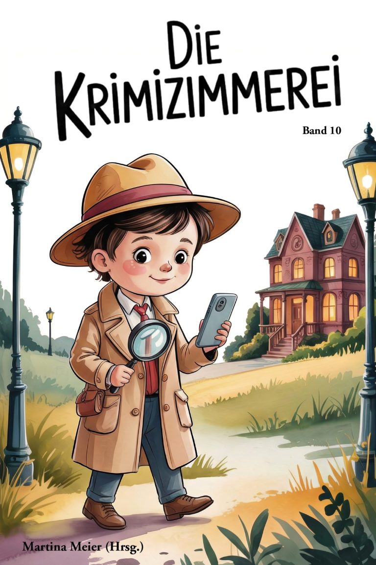 Ein Junge mit Lupe untersucht Fußabdrücke vor einem Haus, umgeben von einer Stadtlandschaft.