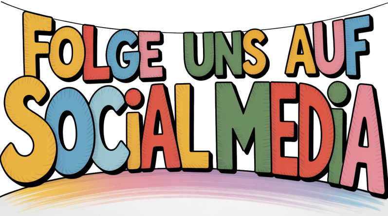 Bunte Schrift auf einem Banner: "Folge uns auf SOCIAL MEDIA".