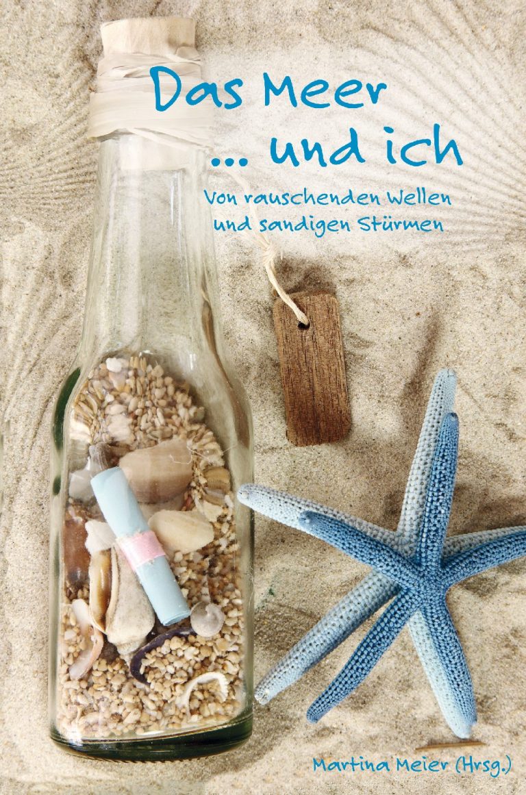 Ein Frau sitzt an einem Tisch mit Büchern und Glücksmomenten, umgeben von bunten Deko-Elementen.