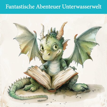 Drache mit Buch, umgeben von einer fantastischen Unterwasserwelt.