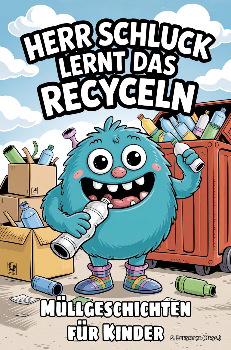 Bunter, felliges Monster mit großen Augen steht vor einem Container voller Müll.