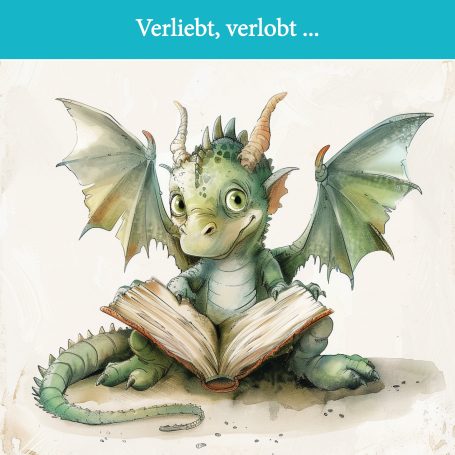 Ein drache mit Flügeln liest ein Buch und schaut neugierig.