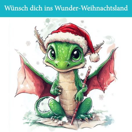 Ein freundlicher Drache mit Weihnachtsmütze und Zauberstab in winterlicher Szenerie.