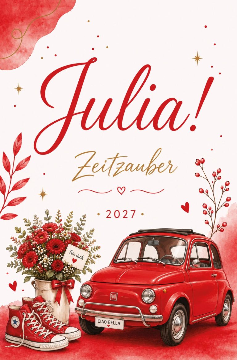 Ein Frau sitzt an einem Tisch mit Büchern und Glücksmomenten, umgeben von bunten Deko-Elementen.