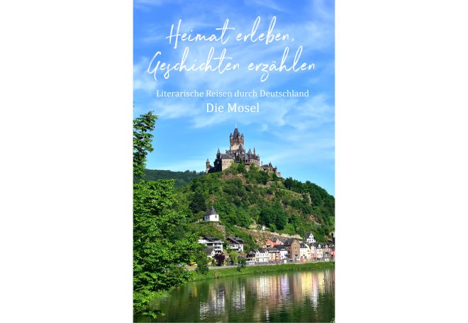 Blick auf das Schloss mit umliegendem Wald und Stadt am Fluss bei blauem Himmel.