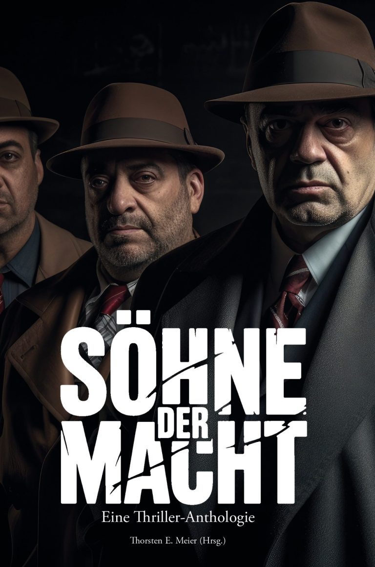 Dunkle Bibliothek mit hohen Regalen, zentraler Figur, die in einem Buch liest.