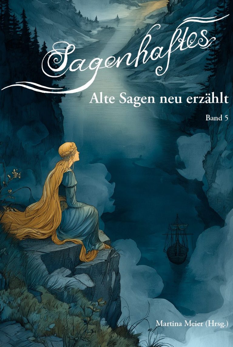 Titel "Sagenhaftes" mit einem mystischen Waldweg und brennenden Fackeln.