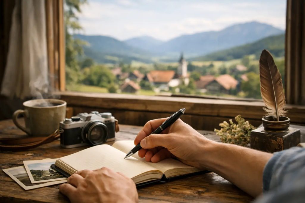 Schreibender am Tisch mit Blick aufs Dorf