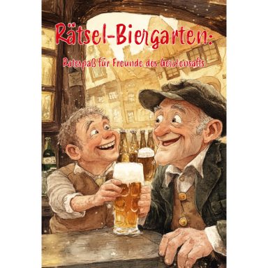 Zwei Männer in einem Biergarten, fröhlich mit Biergläsern anstoßen.