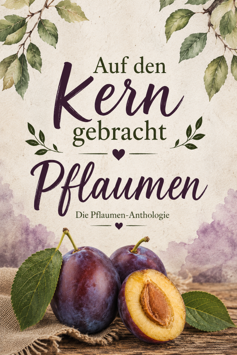 Buchcover mit Pflaumen und Blatt auf weißem Hintergrund, Titel in größerer Schrift.