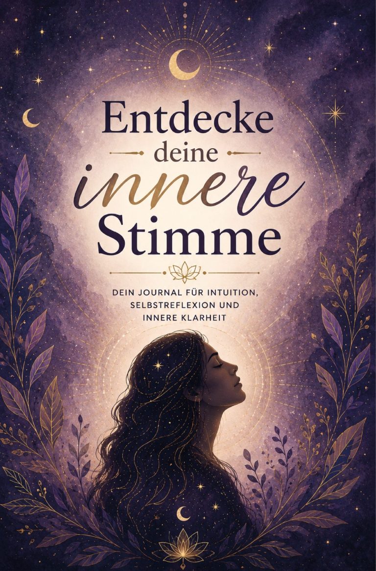 Ein Frau sitzt an einem Tisch mit Büchern und Glücksmomenten, umgeben von bunten Deko-Elementen.
