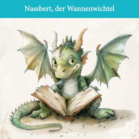 Ein kleiner Drache sitzt mit einem offenen Buch und schaut neugierig.