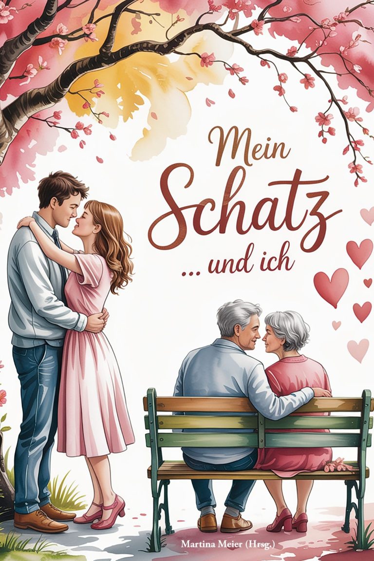 Cover Mann und Frau umarmt unter Bäumen, älteres Paar auf einer Bank lachend.
