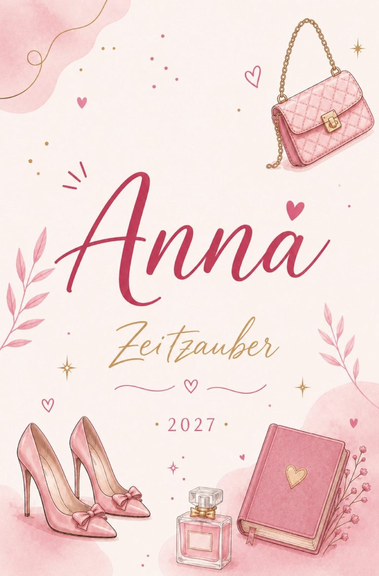Ein Frau sitzt an einem Tisch mit Büchern und Glücksmomenten, umgeben von bunten Deko-Elementen.
