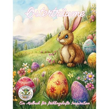 Ein Hase steht auf einer Wiese mit bunten Ostereiern im Hintergrund.