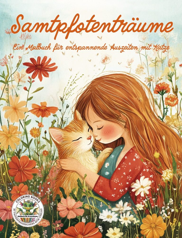 Ein Frau sitzt an einem Tisch mit Büchern und Glücksmomenten, umgeben von bunten Deko-Elementen.