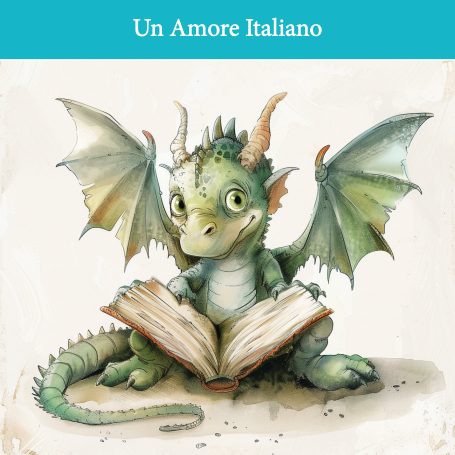 Kleiner Drache mit Flügeln, der ein aufgeschlagenes Buch liest.