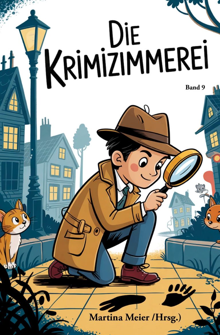 Ein Frau sitzt an einem Tisch mit Büchern und Glücksmomenten, umgeben von bunten Deko-Elementen.