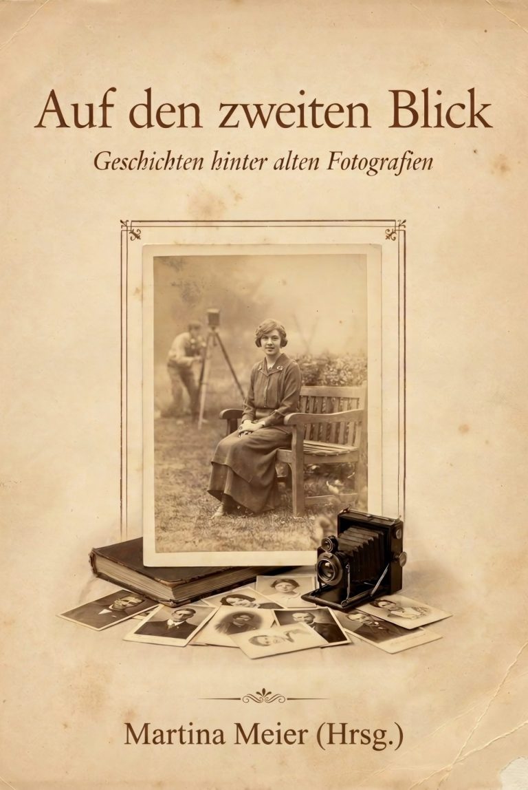Ein aufgeschlagenes Buch auf einem Tisch mit dem Titel „Das Buch der vergessenen Geschichten“.