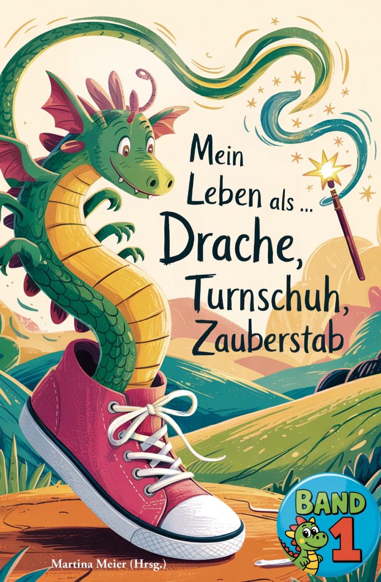 Ein Frau sitzt an einem Tisch mit Büchern und Glücksmomenten, umgeben von bunten Deko-Elementen.