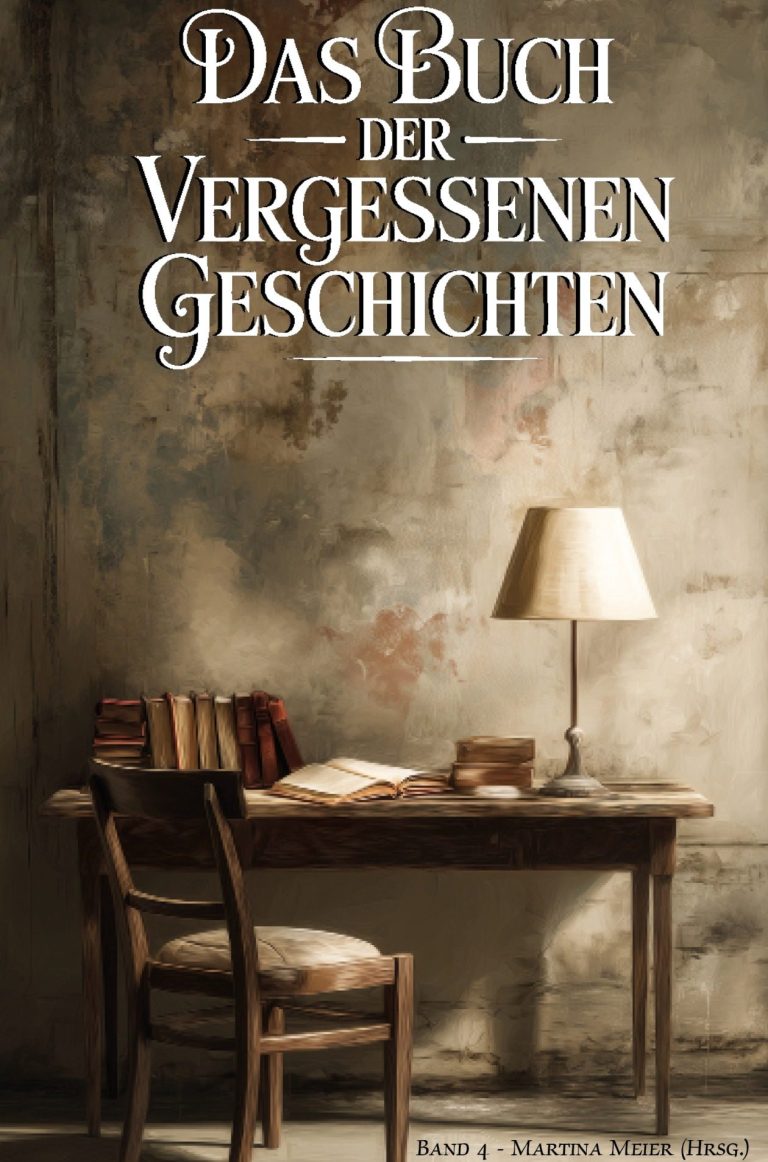 Ein aufgeschlagenes Buch auf einem Tisch mit dem Titel „Das Buch der vergessenen Geschichten“.